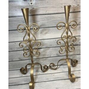 2 Vintage  Hollywood Regency 18” Gold Metal Candle Holders Christmas Gothic